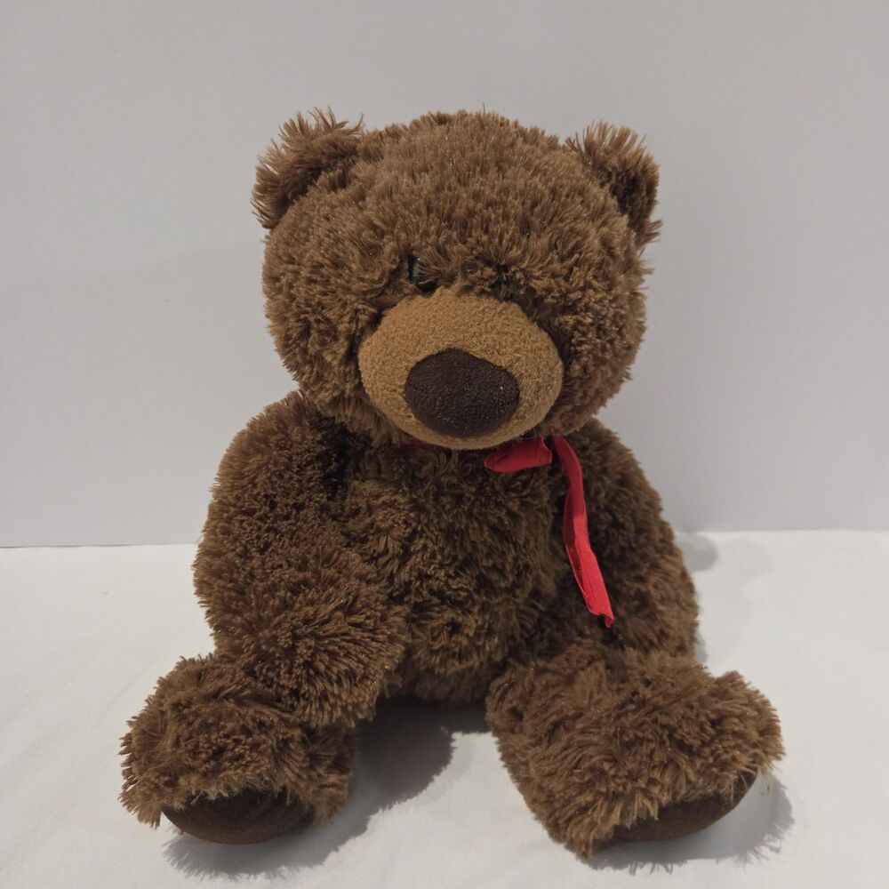 Aurora 2017 Bear Brown Plush Bear Stuffed Animal Toy Red Ribbon 12"